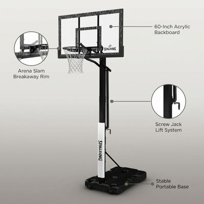 60-Inch Portable Basketball Hoop with Acrylic Backboard, Screw Jack Lift & Arena Slam Rim-Outdoor Play